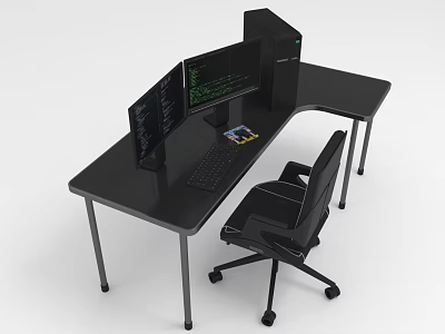 Black L Shaped Office Desk With Multiple Monitors Computer Tower And Ergonomic Chair 3d model