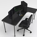 Black L Shaped Office Desk With Multiple Monitors Computer Tower And Ergonomic Chair