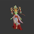 3D Traditional Character Model With Blue Top Red Skirt Decorative Headpiece And Flowing Ribbons
