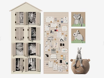 Wall Decor Featuring Pinboard With Notes Photos And Animal Prints For Home 3d model