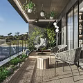 Modern Villa Balcony with Outdoor Furniture Plants Water View Wooden Flooring Glass Railing