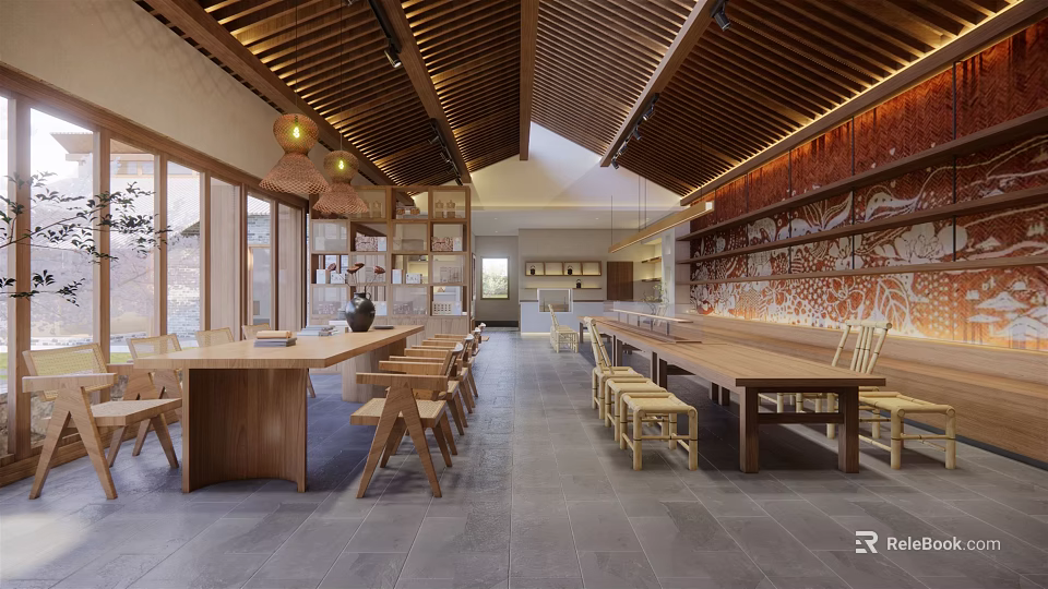 Modern Cafe Interior With Wooden Ceiling Long Tables And Large Windows 3d model 
