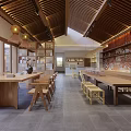 Modern Cafe Interior With Wooden Ceiling Long Tables And Large Windows