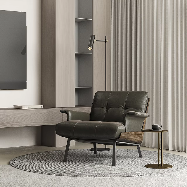 Dark Green Leather Accent Chair In Modern Living Room With Side Table And Floor Lamp 3d model 