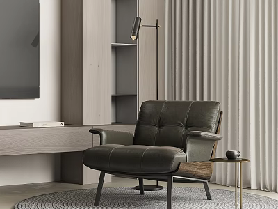 Dark Green Leather Accent Chair In Modern Living Room With Side Table And Floor Lamp 3d model