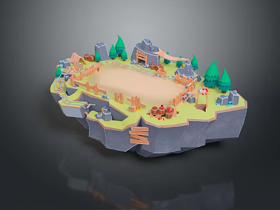 Scenic Floating Island Landscape With Green Trees Small Buildings Fences Red Barrels And Rocky Terrain 3d model