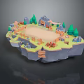 Scenic Floating Island Landscape With Green Trees Small Buildings Fences Red Barrels And Rocky Terrain