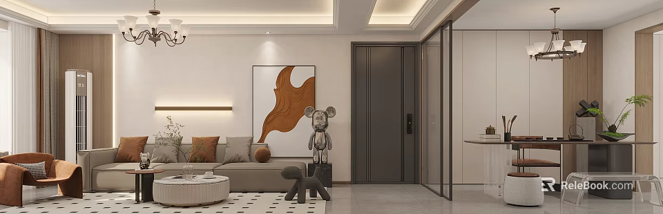 Modern Living and Dining Room Interior With Sofa Artwork Sculpture And Rug 3d model 