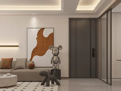 Modern Living and Dining Room Interior With Sofa Artwork Sculpture And Rug 3d model