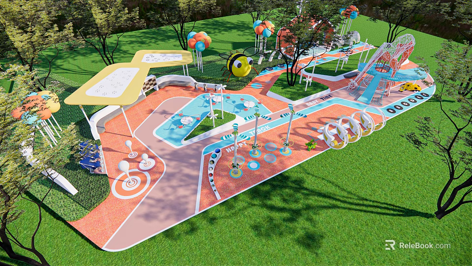 Vibrant Children's Play Area With Colorful Slides Swings Climbing Structures And Green Lawn 3d model 