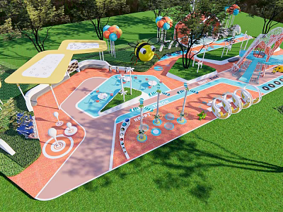 Vibrant Children's Play Area With Colorful Slides Swings Climbing Structures And Green Lawn 3d model