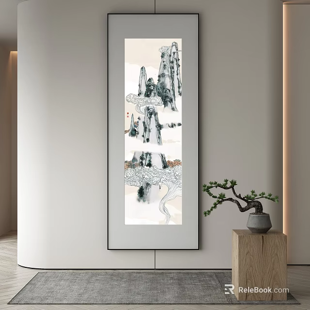 Traditional Chinese Landscape Painting Hanging on Wall in Modern Interior with Small Potted Plant 3d model 