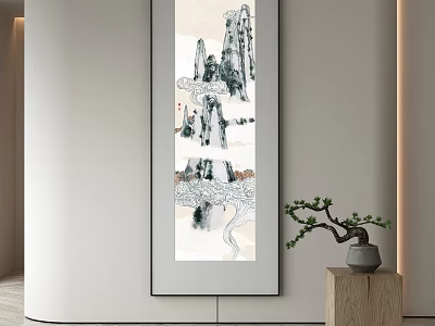 Traditional Chinese Landscape Painting Hanging on Wall in Modern Interior with Small Potted Plant 3d model