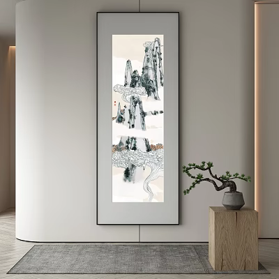 Traditional Chinese Landscape Painting Hanging on Wall in Modern Interior with Small Potted Plant 3d model