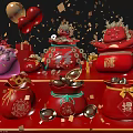 Red Festive Decorations Featuring Fortune Characters Money Bags Gold Ingots And Balloons