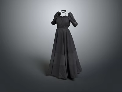 Elegant Vintage Long Dress With Puffed Sleeves And High Neck Design 3d model