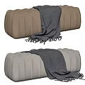 Tufted Leather Ottoman in Brown and Beige with Gray Throw Blanket