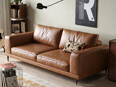 Brown Two Seater Leather Sofa with Patterned Cushion in Modern Living Room and Wall Art 3d model