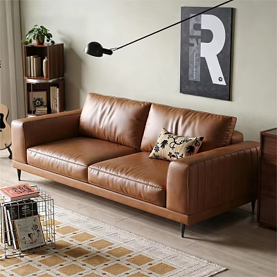 Brown Two Seater Leather Sofa with Patterned Cushion in Modern Living Room and Wall Art 3d model