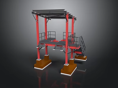 Roofed Industrial Metal Structure With Red Pillars Platform Staircase And Pedestals 3d model