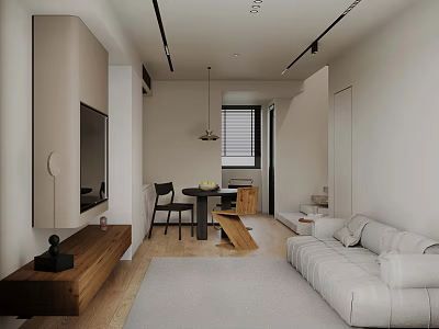 Modern Minimalist Living Dining Room With Light Gray Sofa Dining Table Chairs And Wooden Accents 3d model