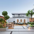 Modern Outdoor Garden With Wooden Deck Outdoor Seating Green Plants And Arch Windows