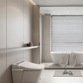 Modern Bathroom Interior Design With Bathtub Towels Toilet Vanity Mirror And Window Blinds