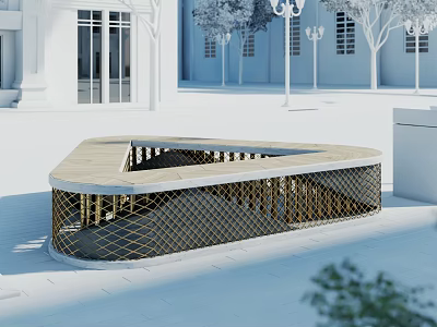 Modern Landscape Seating With Geometric Shape Wooden Top And Metal Grid In Outdoor Public Space 3d model
