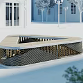 Modern Landscape Seating With Geometric Shape Wooden Top And Metal Grid In Outdoor Public Space