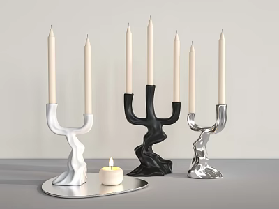 Modern Curved Candle Holders In White Black Silver With Lit Candle On Tabletop 3d model