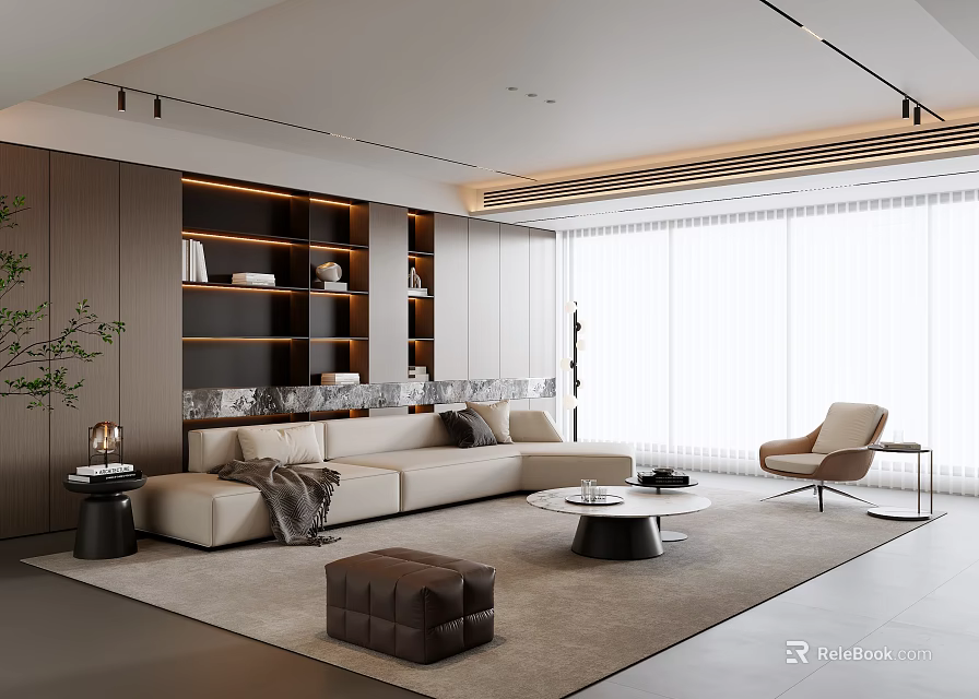 Modern Living Room Interior Design With Beige Sofa Accent Chair Coffee Table Rug And Bookshelf 3d model 