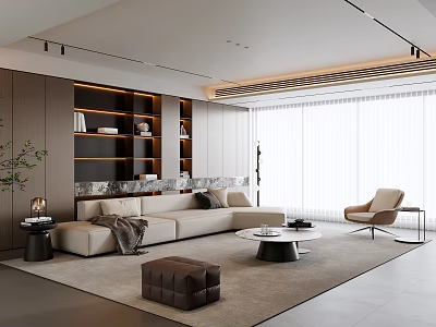 Modern Living Room Interior Design With Beige Sofa Accent Chair Coffee Table Rug And Bookshelf 3d model