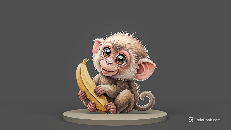 Small Lizard Holding Banana Sitting On Round Base With Grey Background 3d model