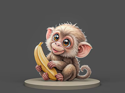 Small Lizard Holding Banana Sitting On Round Base With Grey Background 3d model