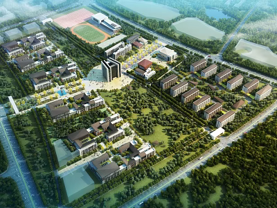 Aerial View Campus Layout With Modern Buildings Green Spaces And Roads 3d model