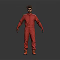 Man in Red Jumpsuit and Orange Shoes Standing Against Grey Background