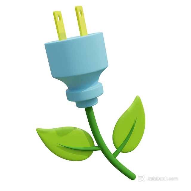 Creative Eco Friendly Decorative Ornament Set with Blue Plug Yellow Prongs and Green Leaves 3d model 
