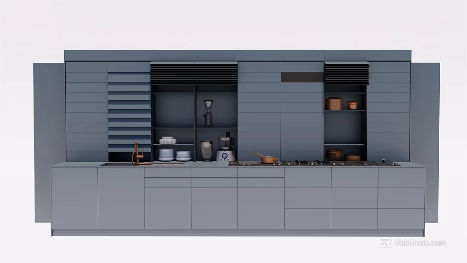 Modern Gray Kitchen Cabinets With Open Shelves And Storage Utensils 3d model 