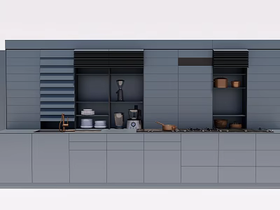 Modern Gray Kitchen Cabinets With Open Shelves And Storage Utensils 3d model