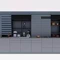 Modern Gray Kitchen Cabinets With Open Shelves And Storage Utensils 3d model