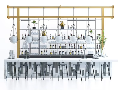 Modern Bar Counter With Hanging Lights Shelves Full Of Liquor Bottles And Metal Bar Stools 3d model
