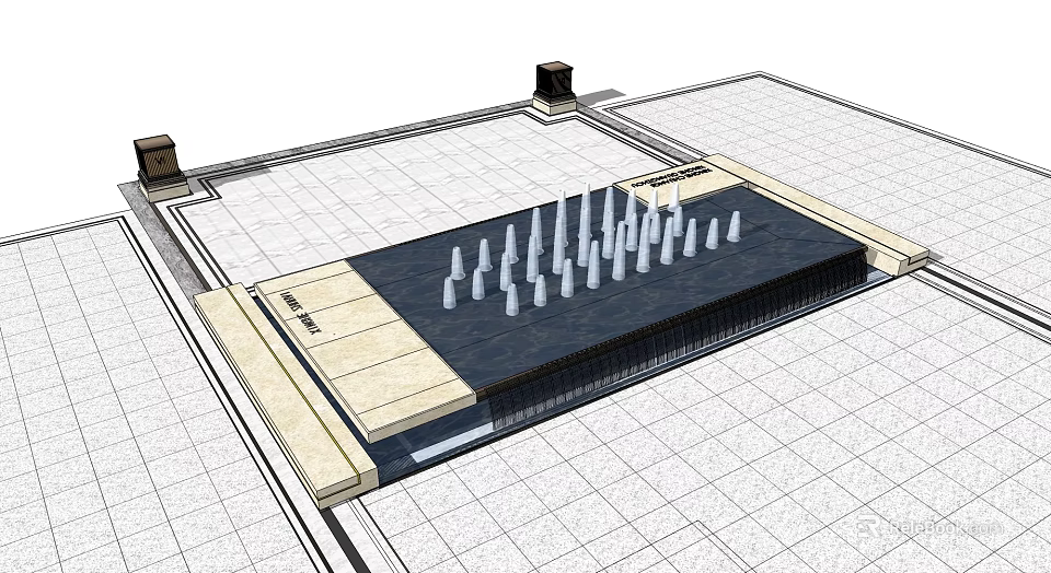 White Conical Garden Ornaments Arranged In Black Area With Light Colored Border And Paved Ground 3d model 