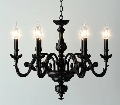 Classic Black Chandelier With Candle Style Arms And Ornate Carved Design 3d model