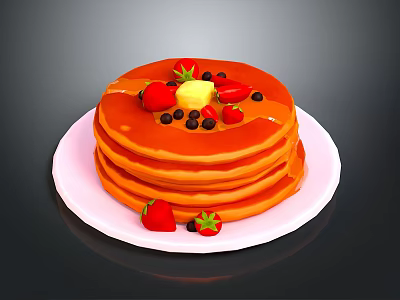 Stack of Fluffy Pancakes Topped With Strawberries Blueberries And Butter On White Plate 3d model