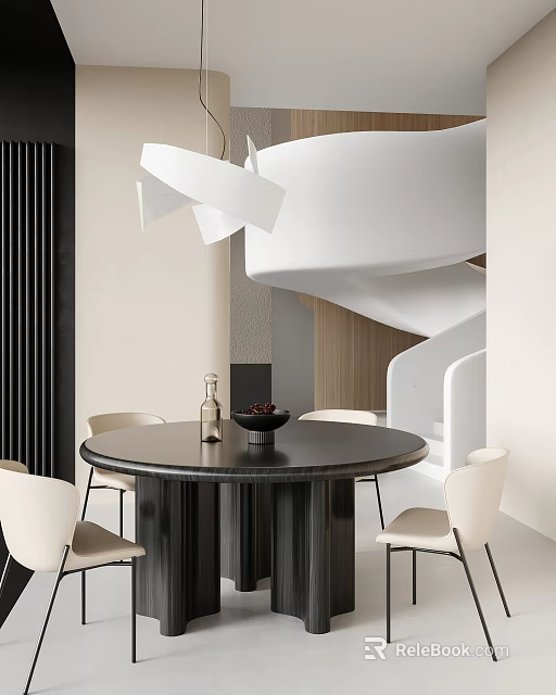 Modern Restaurant Interior Design with Black Round Table White Chairs Pendant Light and Spiral Staircase 3d model 