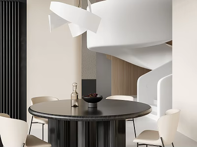 Modern Restaurant Interior Design with Black Round Table White Chairs Pendant Light and Spiral Staircase 3d model