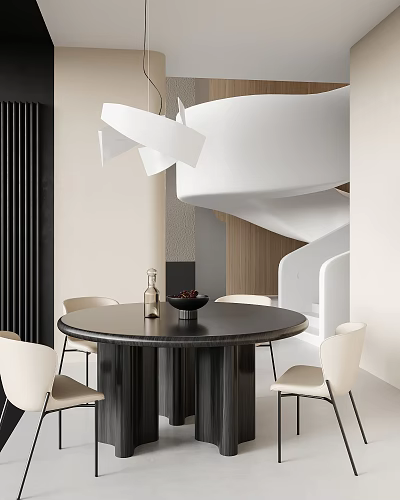 Modern Restaurant Interior Design with Black Round Table White Chairs Pendant Light and Spiral Staircase 3d model