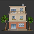 Two Story Building With Beige And Orange Exterior Balcony Palm Trees And Steps