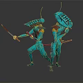 Two Teal Humanoid Creatures With Antennae Holding Swords And Shields In Combat Stance