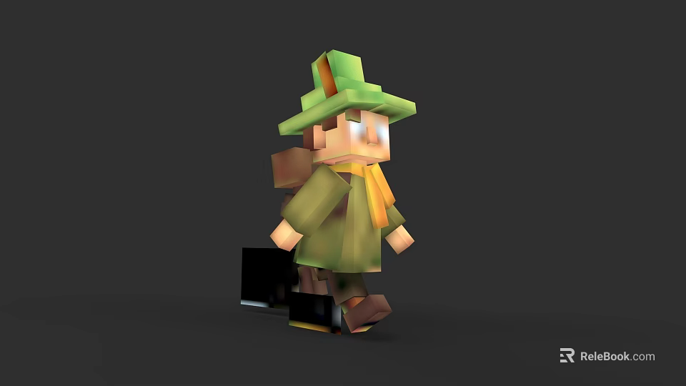 Pixel Style Game Character In Green Hat Coat And Yellow Scarf Carrying Black Suitcase Walking 3d model 